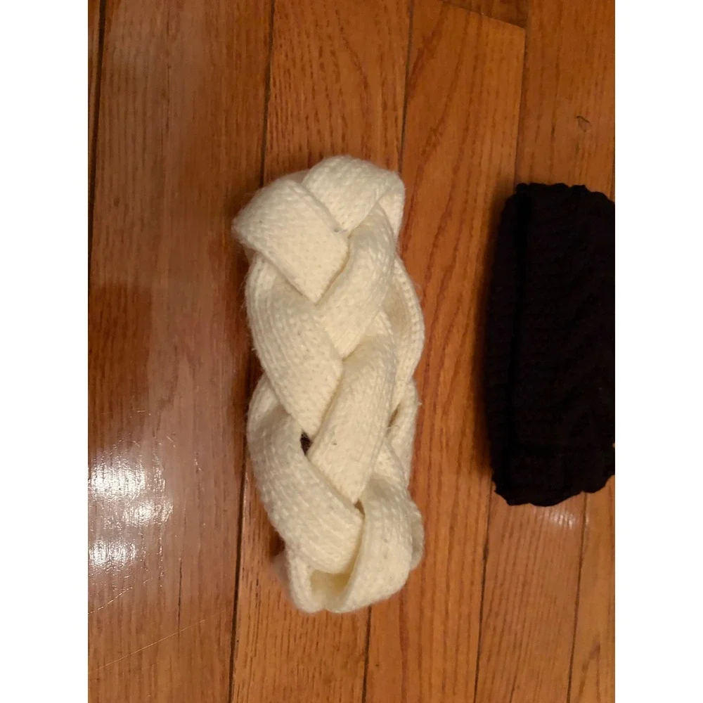 HM Divided Knit Headband Ear Warmer Bundle Black‎ Cream Braided Bow 3pc Set